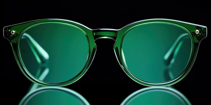 Close-up of green translucent round eyeglass frames with reflection on glossy black surface