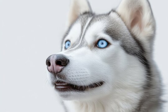close-up of a husky dog with striking blue eyes and a calm, attentive expression against a plain light background - Powered by Adobe