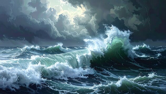 Ocean waves surge under dark, stormy clouds with a distant lightning flash