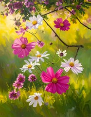 Painting of vibrant cosmos blossoms in a bright, sunlit meadow scene