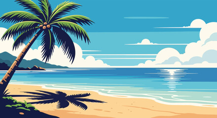 Vibrant pixel art illustration of a serene tropical beach with a lone palm tree and calm ocean under a bright blue sky