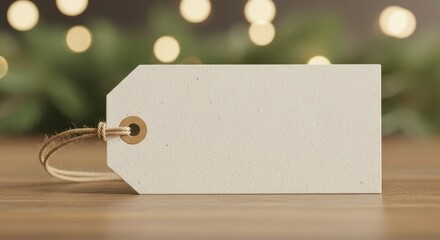 Blank Gift Tag on Wood with Festive Bokeh Lights.