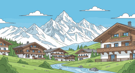 Charming alpine village nestled among rolling green hills with majestic snow capped mountains in the background