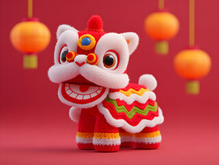 Obraz premium 3D Cute and Cheerful Lion Dance in Traditional Chinese Style Illustration