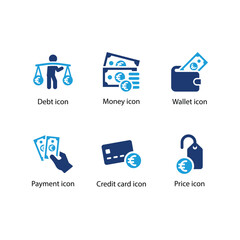Debt, Money, Wallet, Payment, Credit card, Price, Blue Icon Set