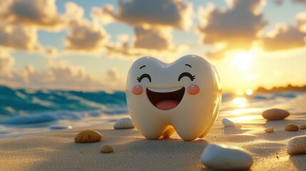 smiling cartoon tooth character on sandy beach with scattered stones at sunset by calm ocean under partly cloudy sky