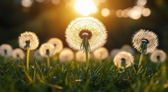 Close-up of glowing dandelion seed heads backlit by the setting sun with green grass in the foreground and soft bokeh lights in the background - Powered by Adobe