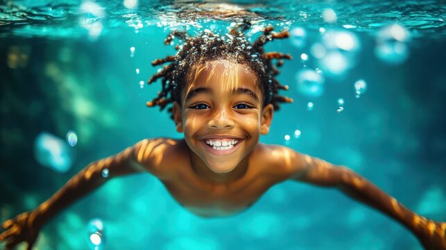 Smiling young boy swimming underwater with outstretched arms surrounded by bubbles in clear blue water - Powered by Adobe