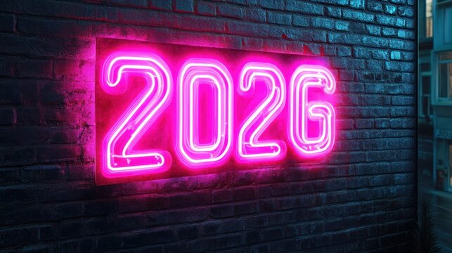 Bright pink neon light sign displaying numbers and a letter mounted on dark brick wall with subtle blue lighting and part of a modern building visible