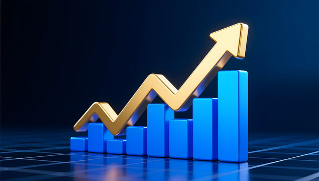 Blue and gold arrows show stable financial growth