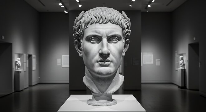 Marble bust of a Roman emperor on a pedestal inside a gallery with other sculptures and exhibit text