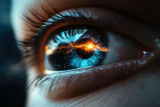 Close-up of a human eye with vibrant blue iris reflecting a fiery cosmic explosion and starry galaxy inside the pupil, evoking wonder and mystery