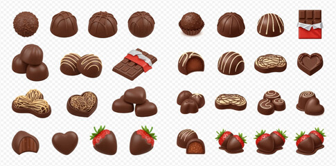 A diverse collection of chocolate candies and chocolate-dipped strawberries, featuring various shapes, textures, and delicious fillings.