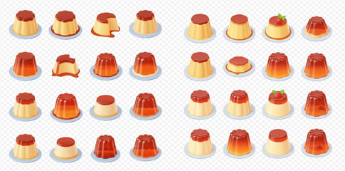 A large collection of various flan and jelly desserts on white plates, with some having caramel topping or a strawberry.