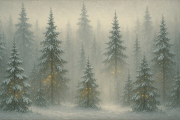 Misty Alpine Forest Serenity with Golden Lights: Serene Winter Woodland Landscape with Glowing Evergreens