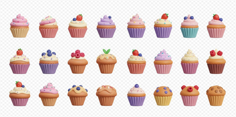 A large collection of colorful cupcakes with various frostings and fruit toppings, isolated on a transparent background.