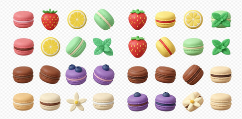 Assortment of vibrant 3D rendered macarons and sweet treats featuring strawberry, lemon, blueberry, chocolate, mint, and vanilla flavors.