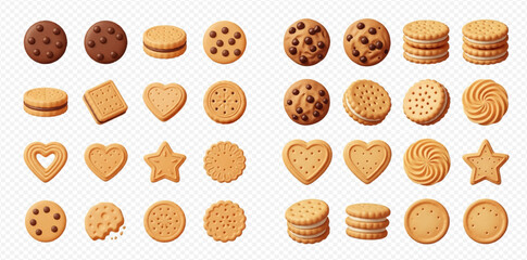 A large assortment of various types of cookies and biscuits, including chocolate chip, sandwich, heart, star, and round shapes, on a transparent background.