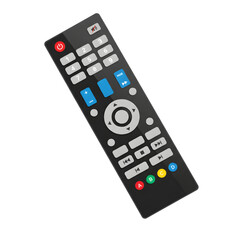 Black multimedia remote control with colored buttons, modern flat vector design, isolated on transparent background