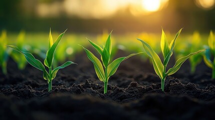 Close-up of young corn plants growing in rich soil during a golden sunrise or sunset with soft natural warm lighting