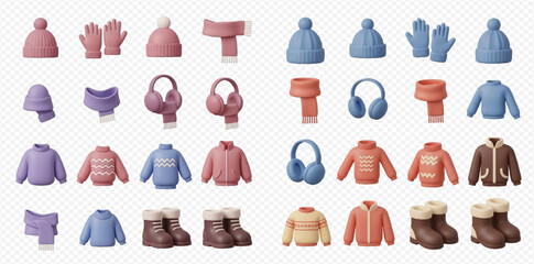 Collection of various 3D rendered winter clothing and accessories including hats, gloves, scarves, earmuffs, sweaters, jackets, and boots in pink, purple, blue, and orange colors.