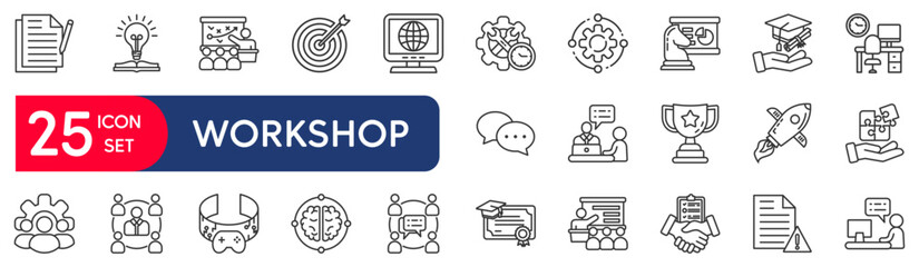 Workshop set of web icons in line style. teacher, vector illustration concept relate to presentation, video, leadership, event, coach