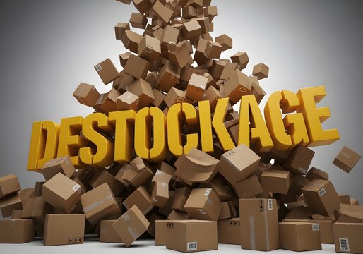 "DESTOCKAGE" Text with an Avalanche of 3D Cardboard Boxes