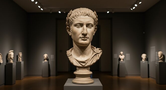Roman bust of Augustus in a museum illuminated with spotlights