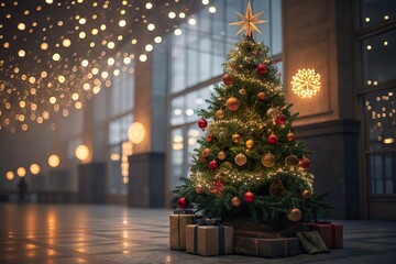 Decorated Christmas tree indoors with glowing lights and gifts