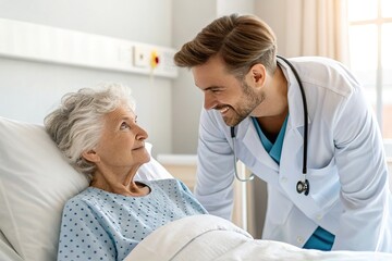 Doctor consulting elderly patient in hospital room setting