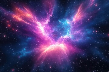 Fototapeta premium Vibrant colorful nebula in deep space with glowing pink, purple, and blue gas clouds surrounded by numerous bright stars conveying cosmic beauty and mystery