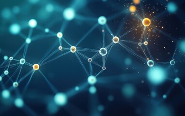 Fototapeta premium Abstract visualization of interconnected glowing molecules or atomic particles with blue and orange highlights on a dark background, representing a scientific or technological network