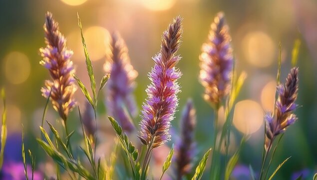 Close-up view of soft purple wildflowers glowing in warm sunlight with green stems and blurred background creating a peaceful natural scene - Powered by Adobe