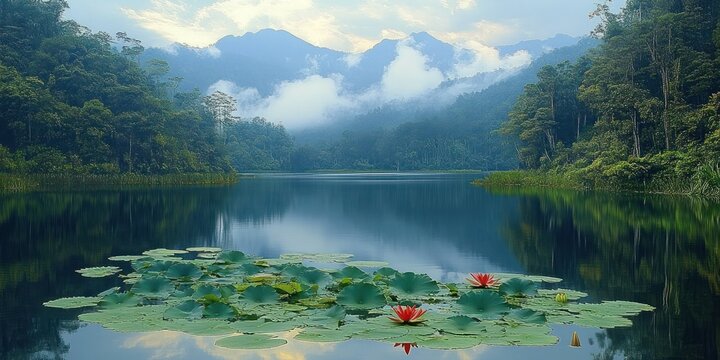 Calm lake with green lily pads and red water lilies surrounded by lush forest and misty mountains under a cloudy sky