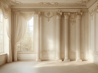 Obraz premium Elegant empty room with large windows, tall classical columns, intricate wall moldings, and soft natural light creating a serene and grand atmosphere