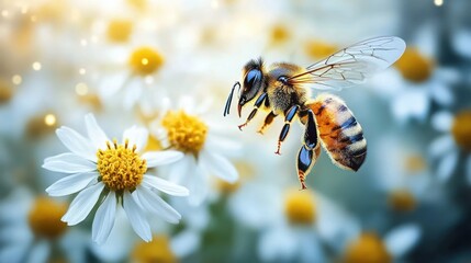 close-up of a bee hovering near white daisy flowers with yellow centers in a soft blurred natural background