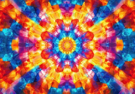 Vibrant symmetrical kaleidoscopic pattern with radiant blue, orange, red, yellow, and purple geometric shapes creating a glowing mandala effect