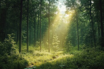 Obraz premium Sunlight streaming through tall trees in a lush green forest with dense undergrowth and a peaceful natural atmosphere