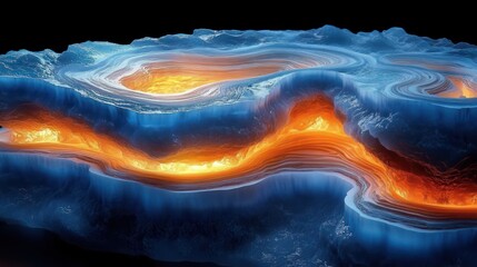 Close-up view of a blue and orange agate stone with glowing translucent layers and intricate swirling patterns against a black background