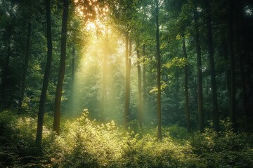 Obraz premium Sunlight streaming through tall trees illuminating lush green forest foliage creating a serene and peaceful atmosphere