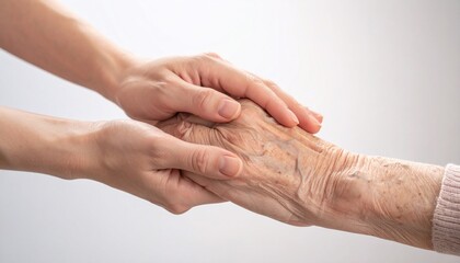 Hands holding, showing care, compassion, and support for an elderly person in a loving gesture