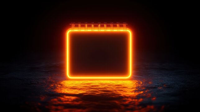 glowing neon orange calendar or notebook with spiral binding on dark textured surface emitting warm light and reflections