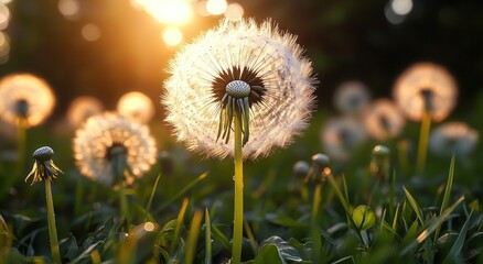 Close-up of dandelion seed heads glowing softly in warm sunlight against a blurred natural background, evoking a peaceful and serene mood