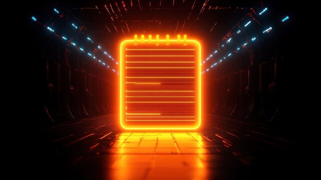 Glowing neon orange futuristic rectangular digital interface floating in a dark high-tech corridor with blue lights and reflective floor creating a sci-fi atmosphere - Powered by Adobe