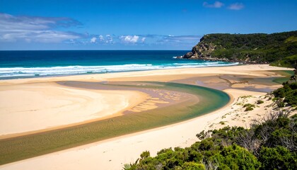 Scenic ocean beach featuring sandy shores and cerulean waters, bright sunlight