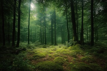 Fototapeta premium Dense green forest with tall trees, sun rays filtering through the canopy, and moss-covered ground creating a serene and mystical atmosphere