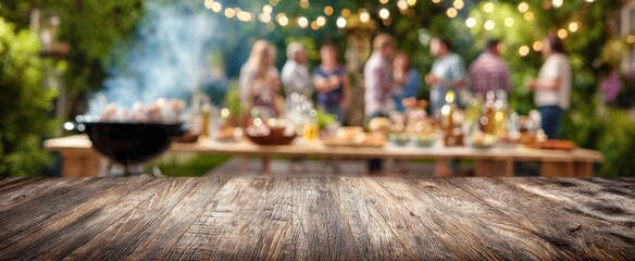 The Wooden Table Foreground Showing Blurred Backyard Barbecue Gathering With Friends And Lights