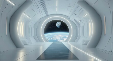 Futuristic white spaceship interior hallway with circular window showing earth and moon in space
