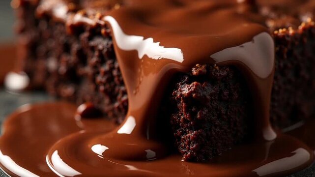 Decadent chocolate brownie with gooey chocolate sauce dripping, a tempting treat for dessert lovers and baking enthusiasts, a truly tempting delight