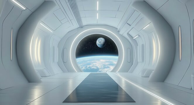 Futuristic white spaceship interior hallway with circular window showing earth and moon in space - Powered by Adobe